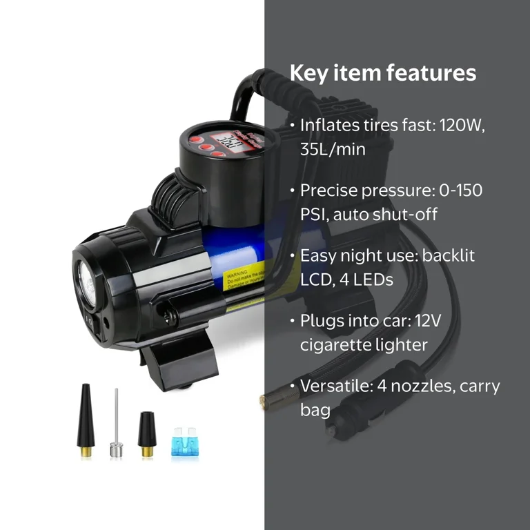 cigarette lighter air compressor walmart Compressors Inflators 150 PSI with precise accuracy of 0.5 PSI And it will auto shut off when preset tire pressure reaches its target.3 5 Heavy Duty Portable 12V