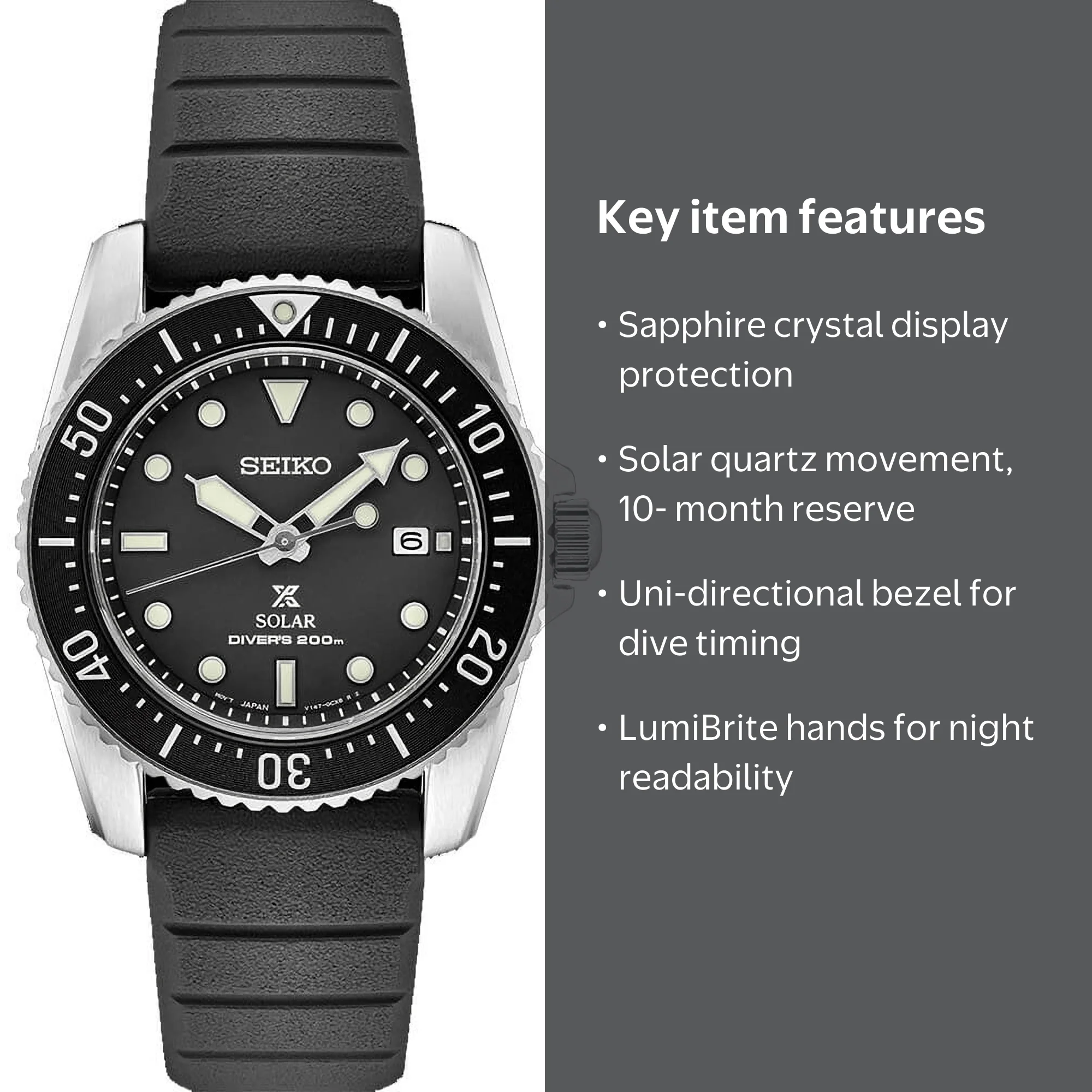 Seiko Prospex SNE573 Solar Diver's Mens Watch with Black Silicon