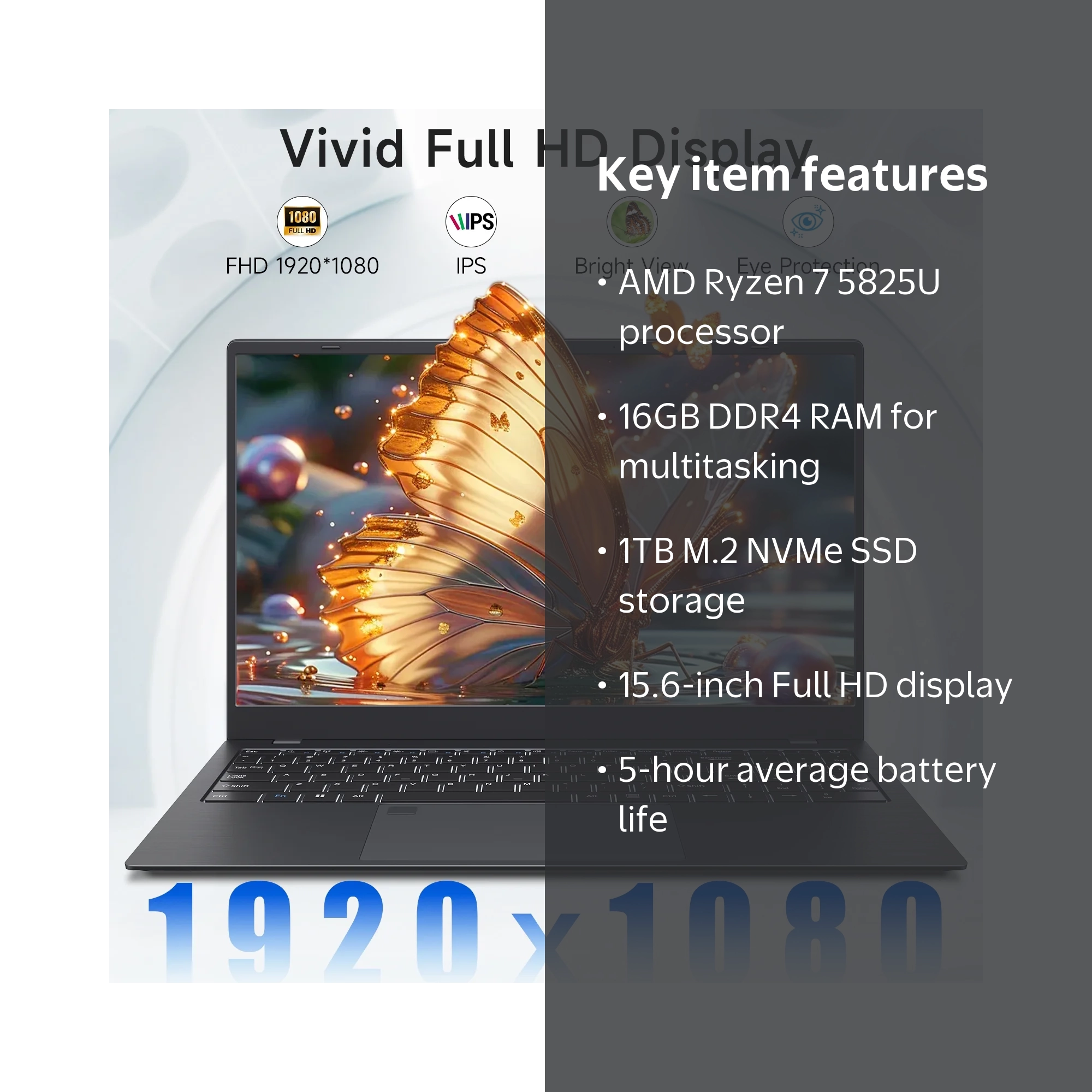 Laptop 15.6 FHD Gaming Laptop, AMD Ryzen 7 5825U, 16GB RAM, 1TB