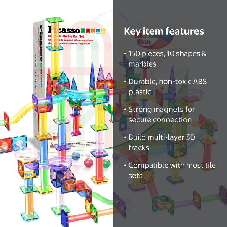 PICASSO TILES, Marble Run Magnetic Tiles, 150PCS STEM Building Set