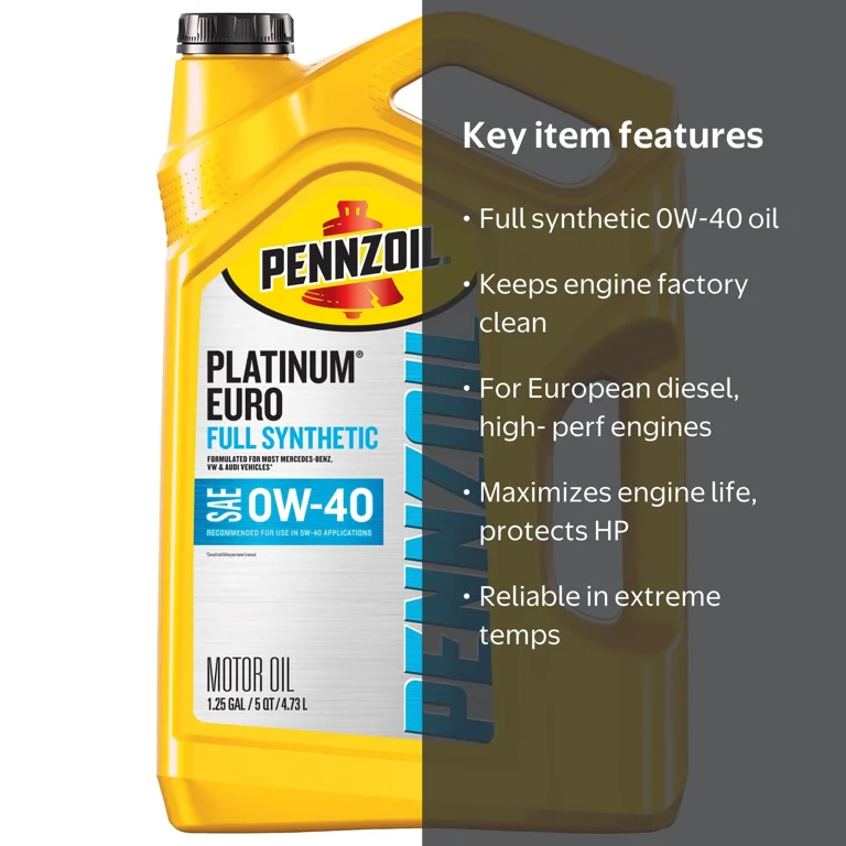 Pennzoil Platinum Euro Full Synthetic 0W-40 Motor Oil, 5 Quart