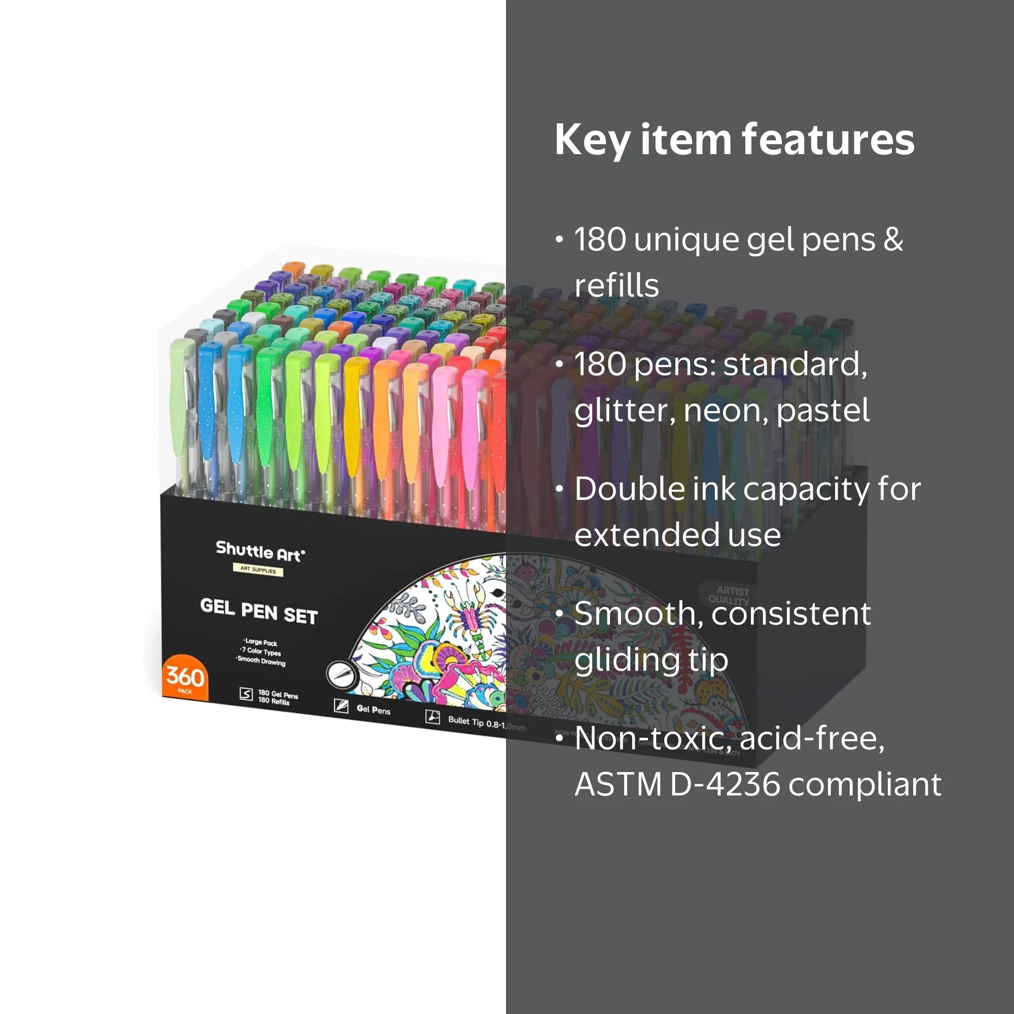 Shuttle Art, 360 Pack Paint Gel Pens Set, 180 Colors + 180 Refills