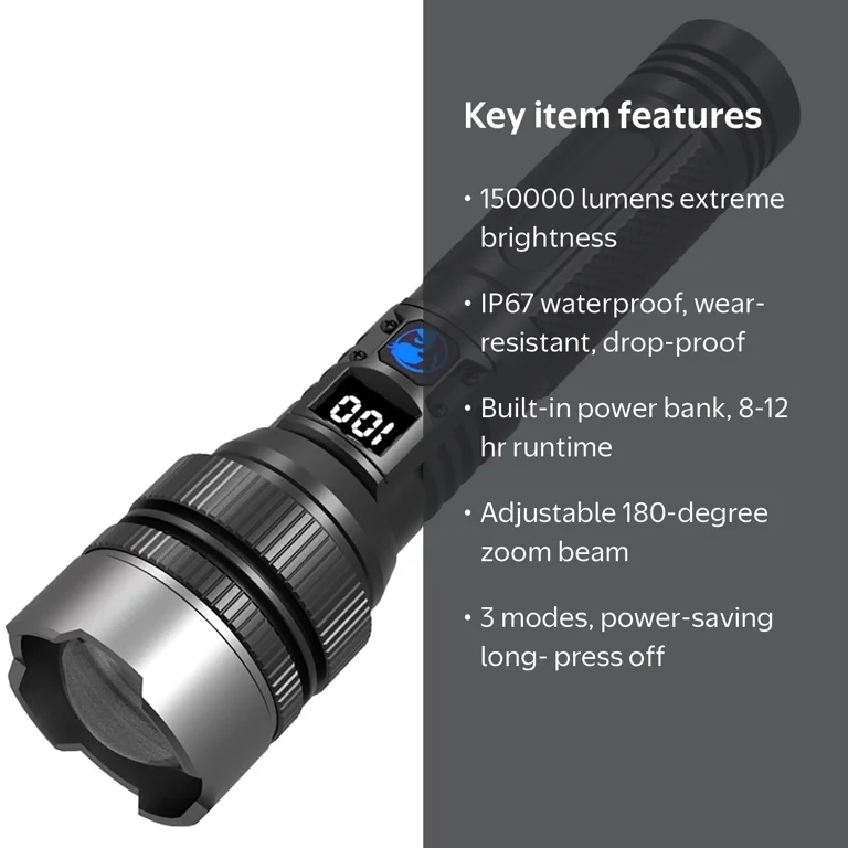 Juyafio, Flashlight, 150000 Lumens, Waterproof, USB Rechargeable