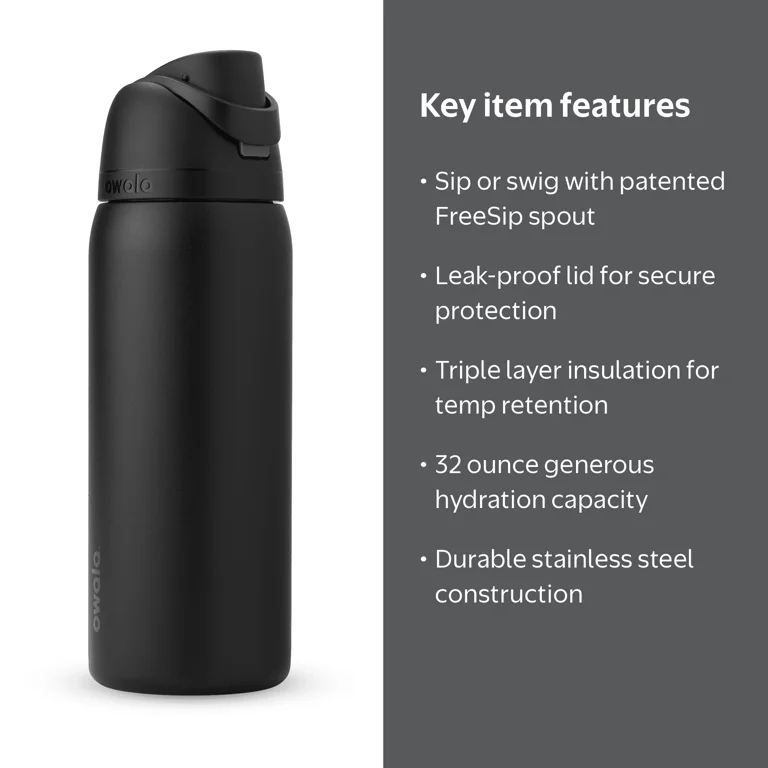 Owala FreeSip Stainless Steel Water Bottle, 32oz, Very Very Dark