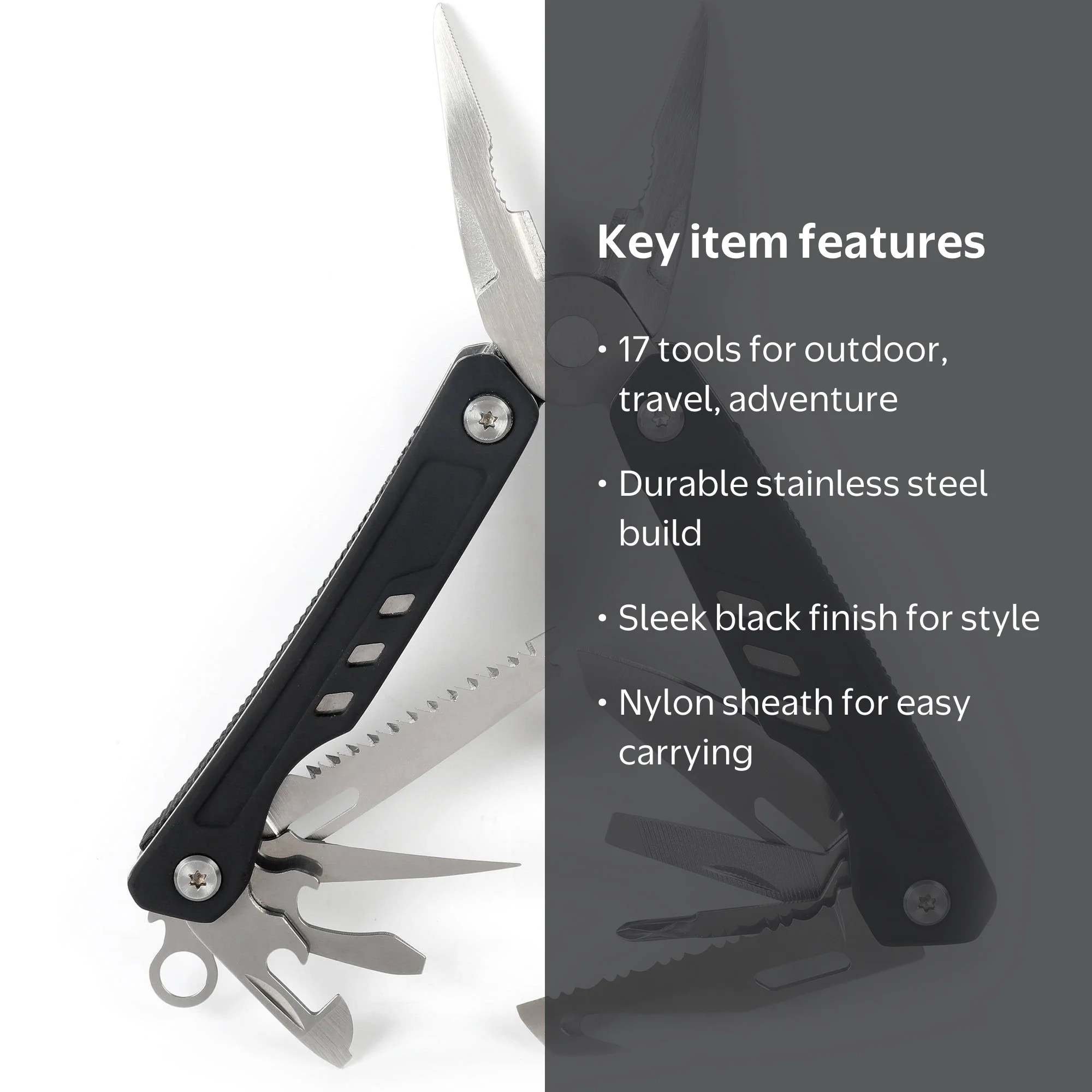 Ozark Trail 17-in-1 Multi Tool, Stainless Steel, Black, Model 2119