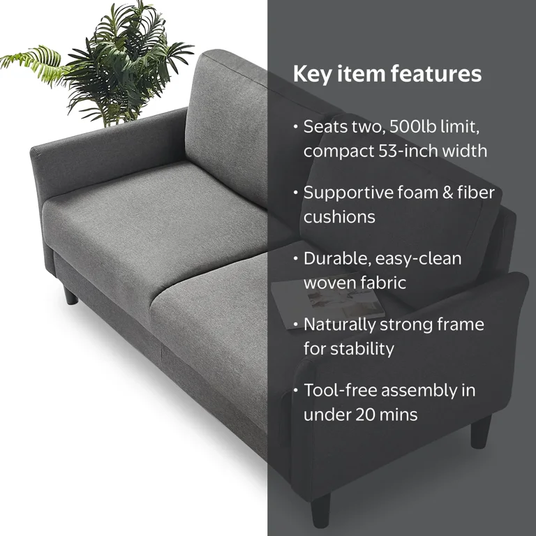 Zinus Jackie 2-Seater Indoor Loveseat, Dark Grey, Small Space