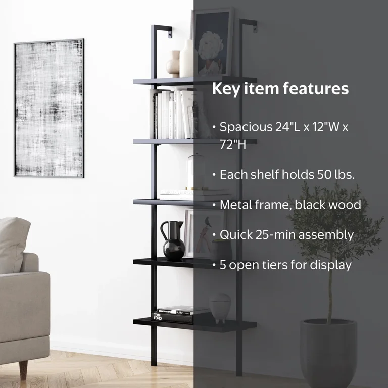 Nathan James Theo Industrial 5-Shelf Black Ladder Bookcase with