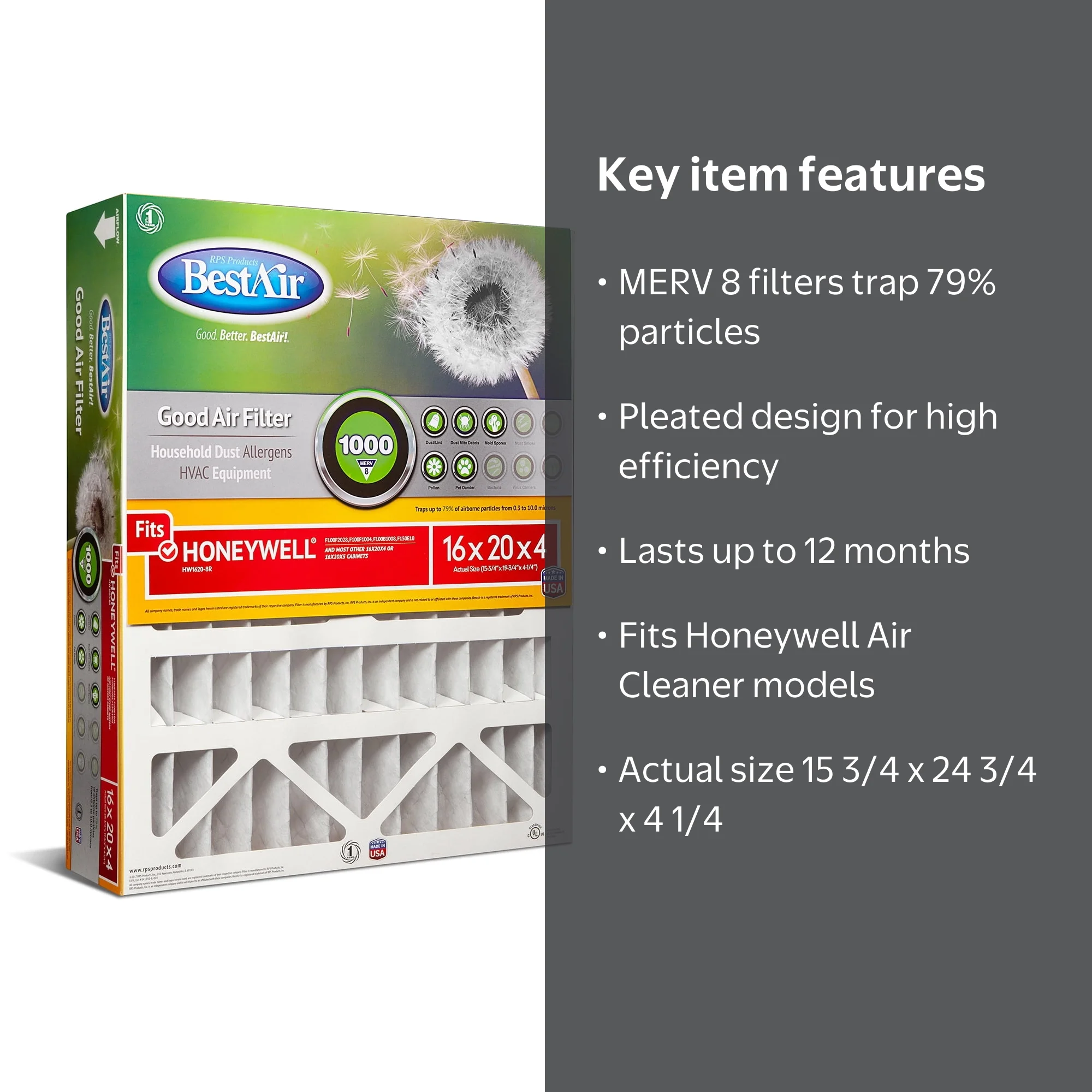 BestAir HW1620-8R Honeywell 16x20x4 Series 1000 MERV 8 Furnace