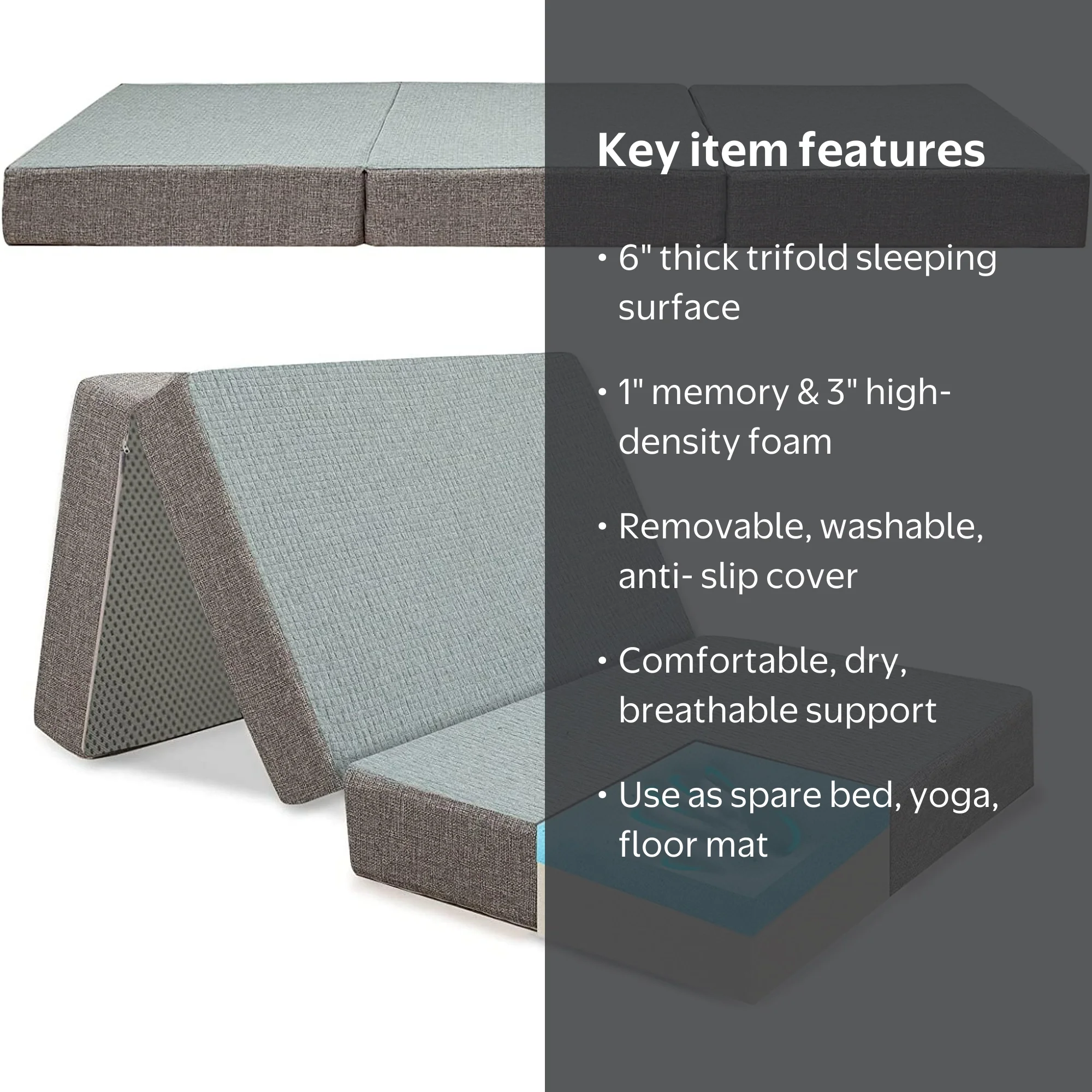 MAXYOYO 6 Inch Thick Memory Foam Trifold Mattress, Portable