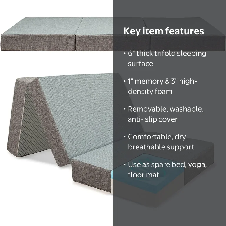 MAXYOYO 6 Inch Thick Memory Foam Trifold Mattress, Portable