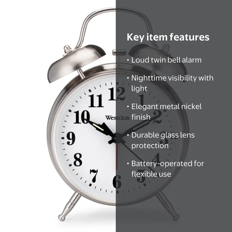 Westclox Classic Silver Twin Bell Alarm Clock, Battery-Operated