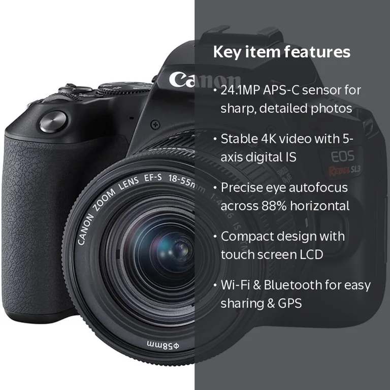 Canon EOS Rebel SL3 DSLR Camera, 24.1MP, 4K Video, Black, EF-S 18