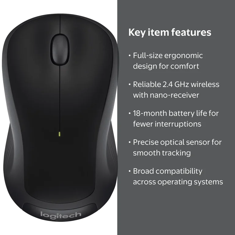 Logitech Full Size Optical Wireless Mouse, Black, Walmart