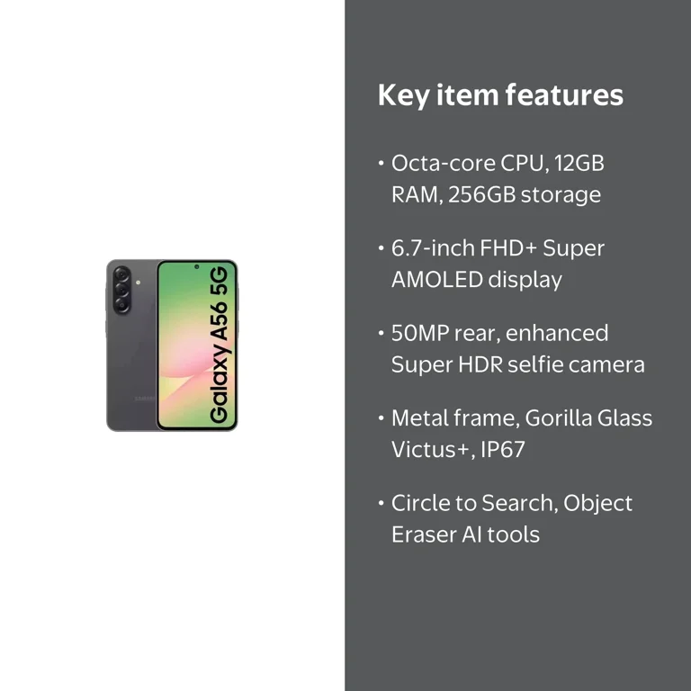Samsung Galaxy A56 5G AI, 256GB+12GB RAM, Android Smartphone
