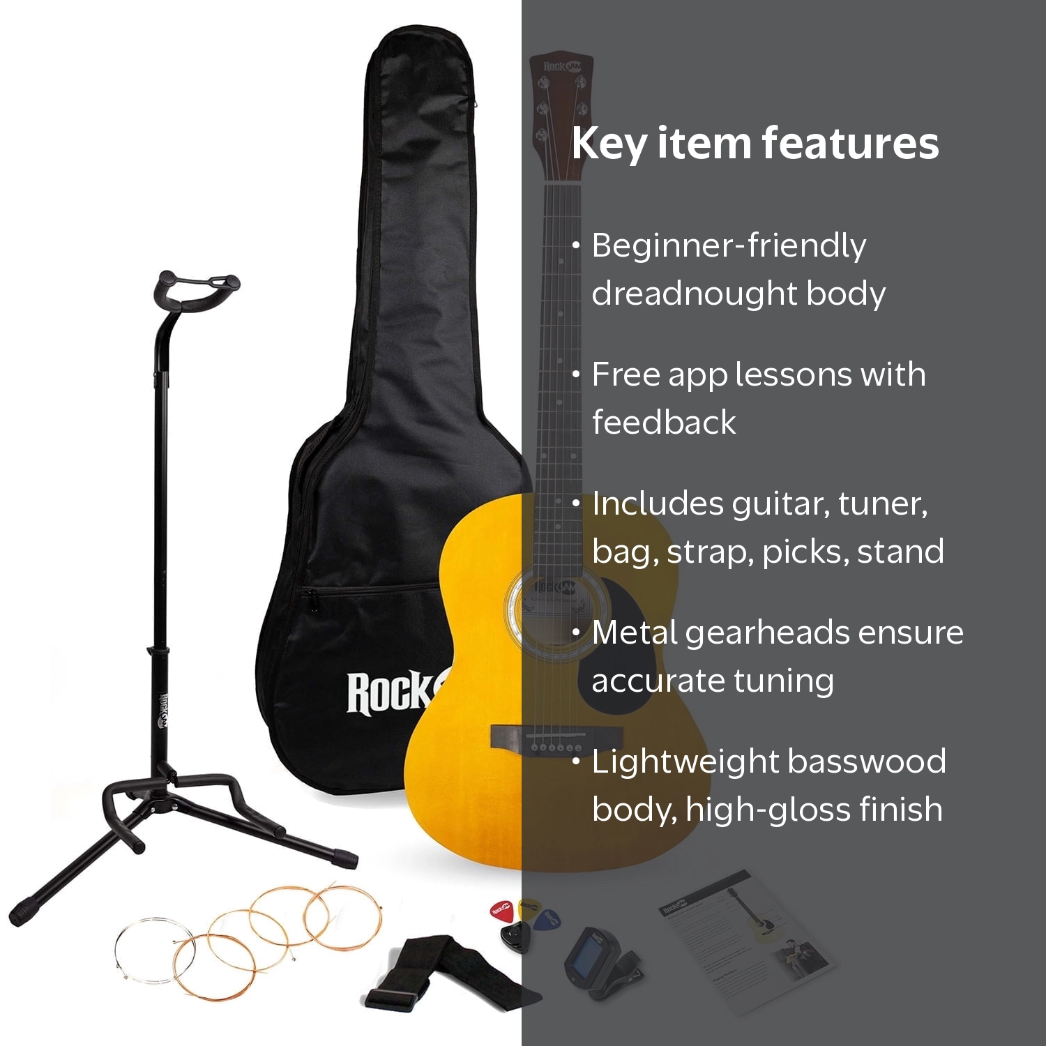 RockJam Full-Size Dreadnought Acoustic Guitar Kit with Tuner, Bag