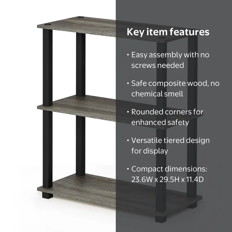 Furinno, Turn-N-Tube 3-Tier Shelf, 18025GYW/BK, Compact Storage