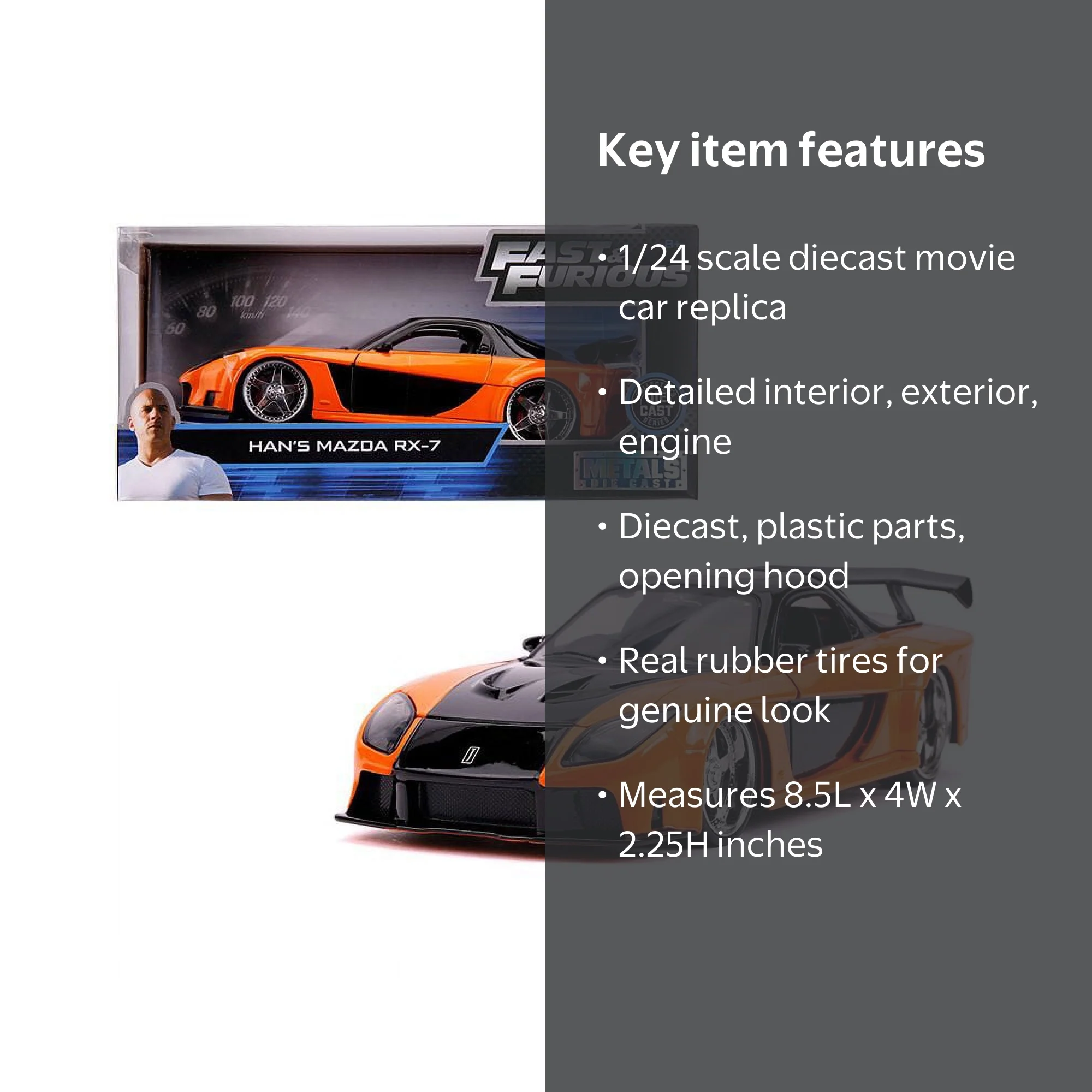 Jada Toys, Diecast Model Car, Han's Mazda RX-7 1/24, Orange and