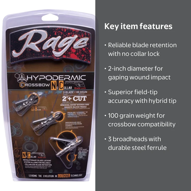 Rage, Crossbow Broadhead, R38200-3W, Hypodermic 2-Blade 100 Grain