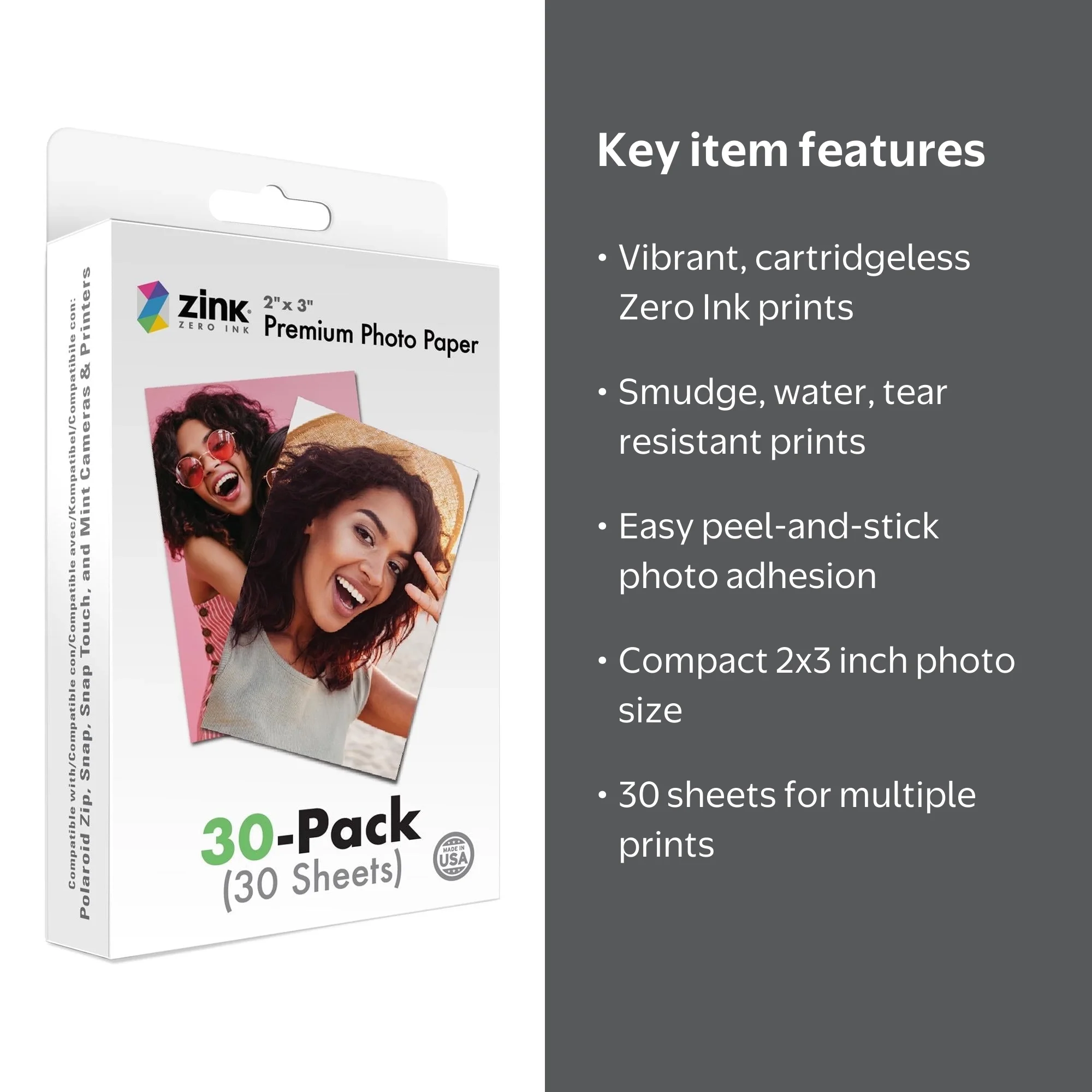 Zink, Snap Touch/Zip/Mint Cameras Photo Paper, 2x3, 30 Sheets