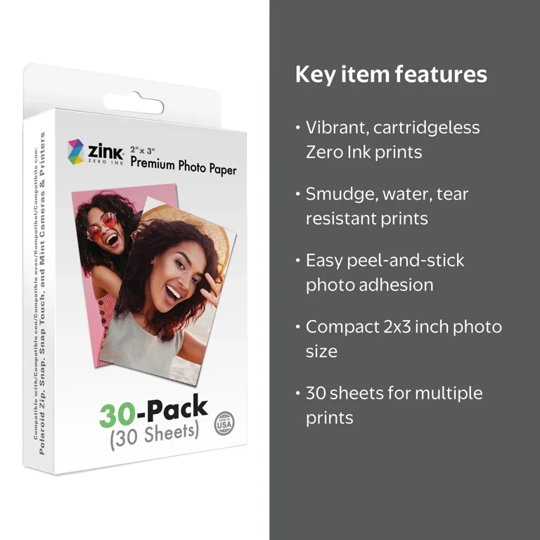 Zink, Snap Touch/Zip/Mint Cameras Photo Paper, 2x3, 30 Sheets