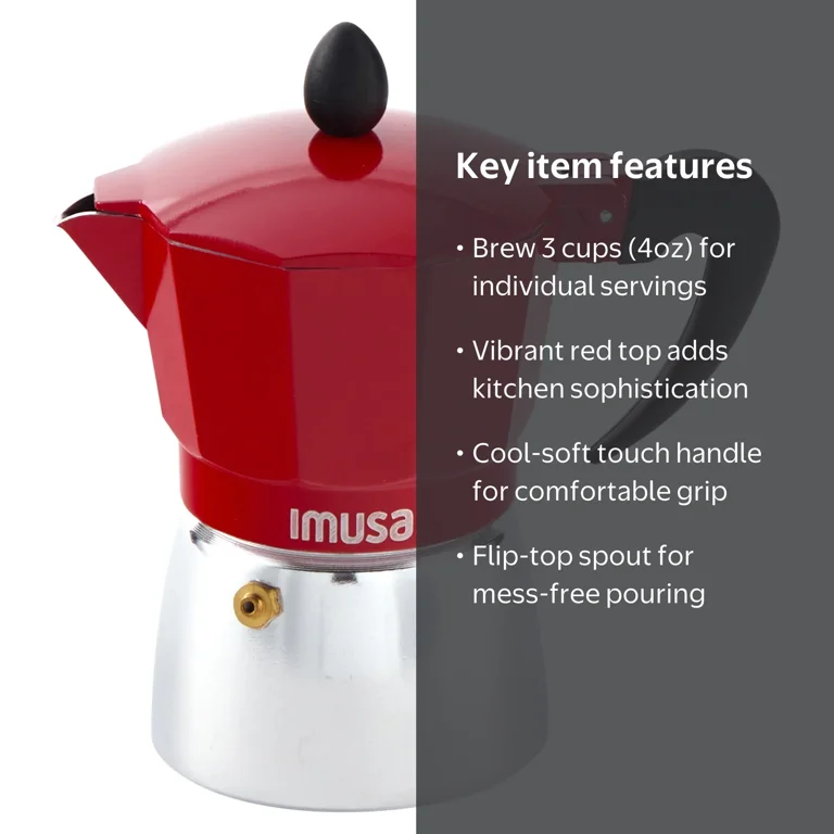 IMUSA, Stovetop Coffeemaker, 3-cup, Cast Aluminum with Red Top