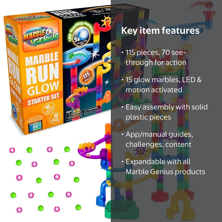 Marble Genius Marble Run Super Set – 150 pièces complètes (85 pièces Marbulous translucides + 65 billes en verre Set), circuit de billes pour enfants de 4 à 8 ans et tout-petits