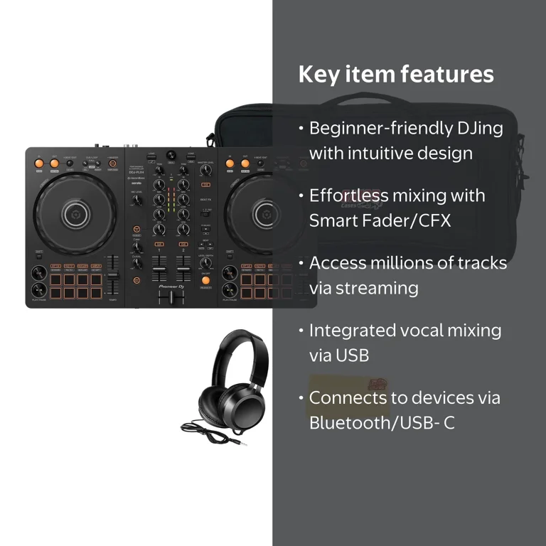 Pioneer DJ, DDJ FLX4, Black Bundle with Gator Case, Headphones