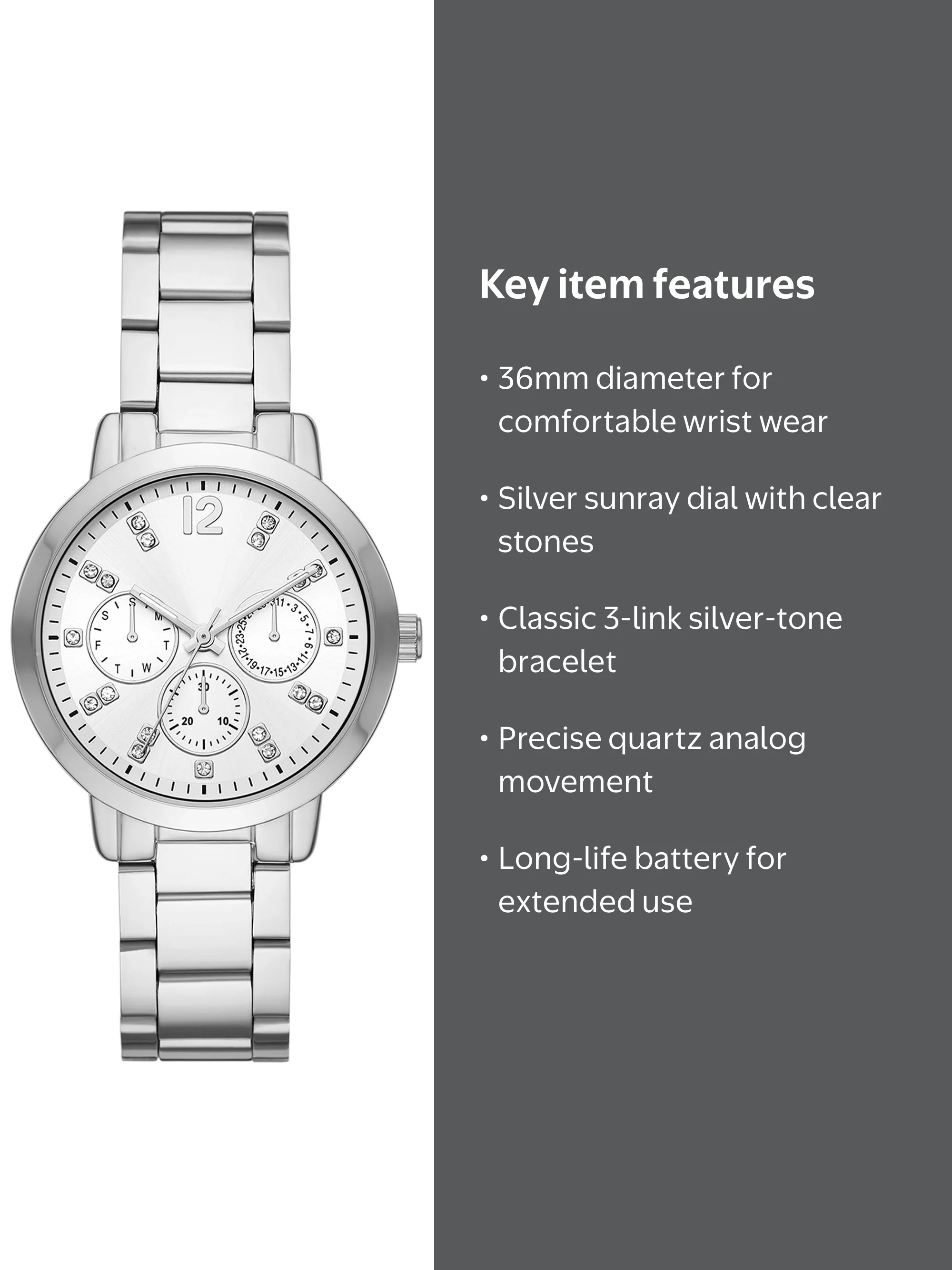 Time and Tru Women's Silver Tone Watch, Round Case, Sunray Dial