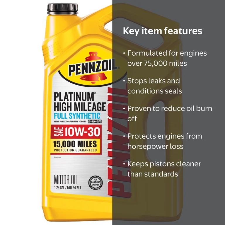 Pennzoil, High Mileage Full Synthetic Motor Oil, 10W-30, 5 Quart