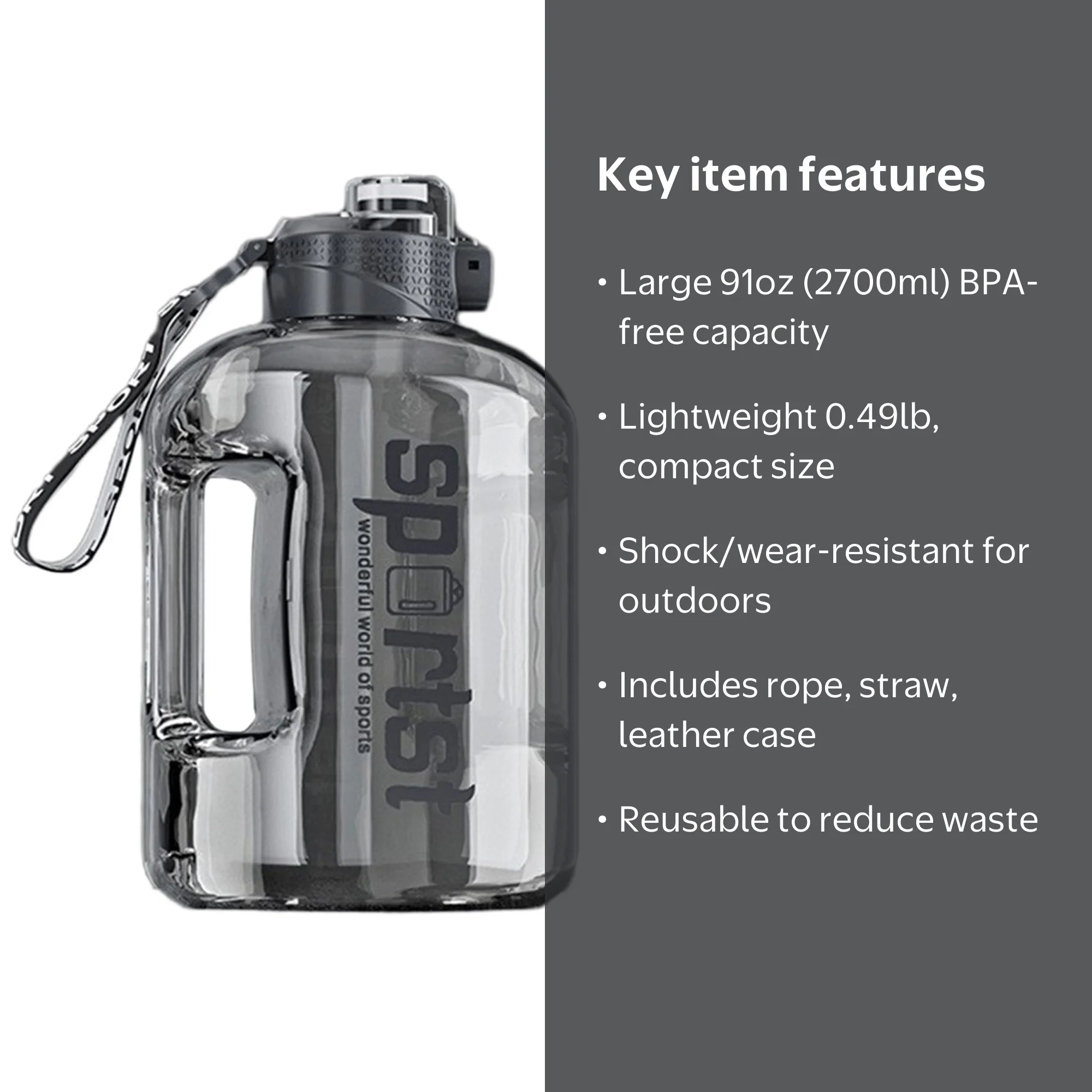 Blukids Large Capacity Water Bottle 91 oz Water Bottle BPA Free Ideal for Gym, Portable Big Water of Jug, Reusable Sports Bottle for Men Women,Gray