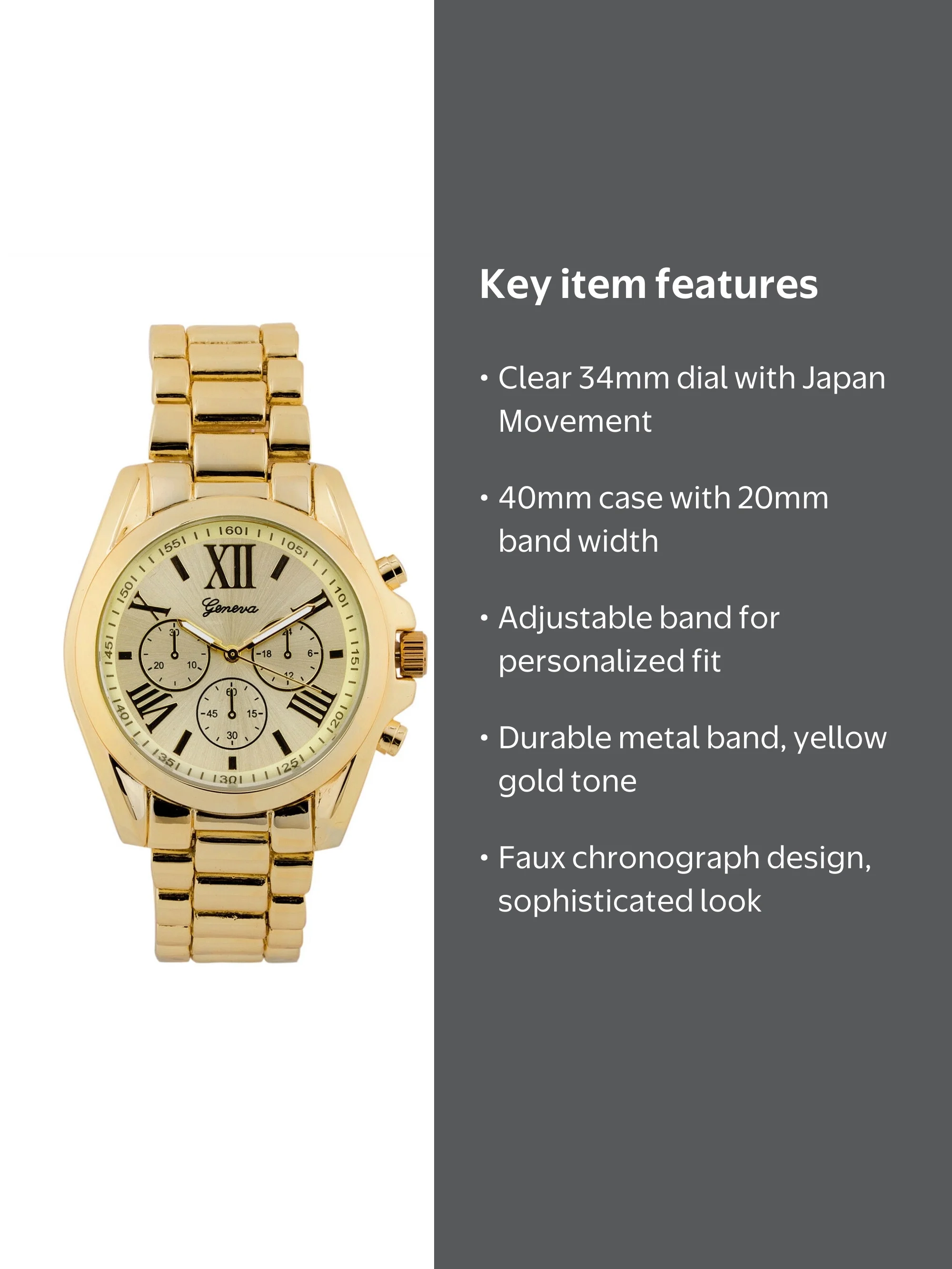 Geneva Yellow Gold Tone Classic Men's Watch. Faux Chronograph