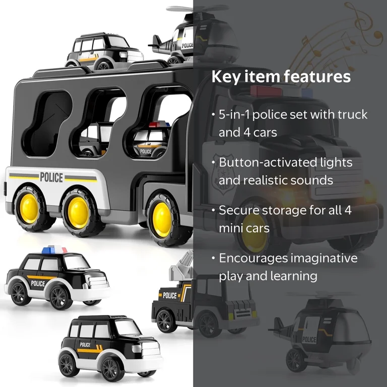 Lucky Doug Police Truck Toys, Light and Sound, Set with 4 Mini