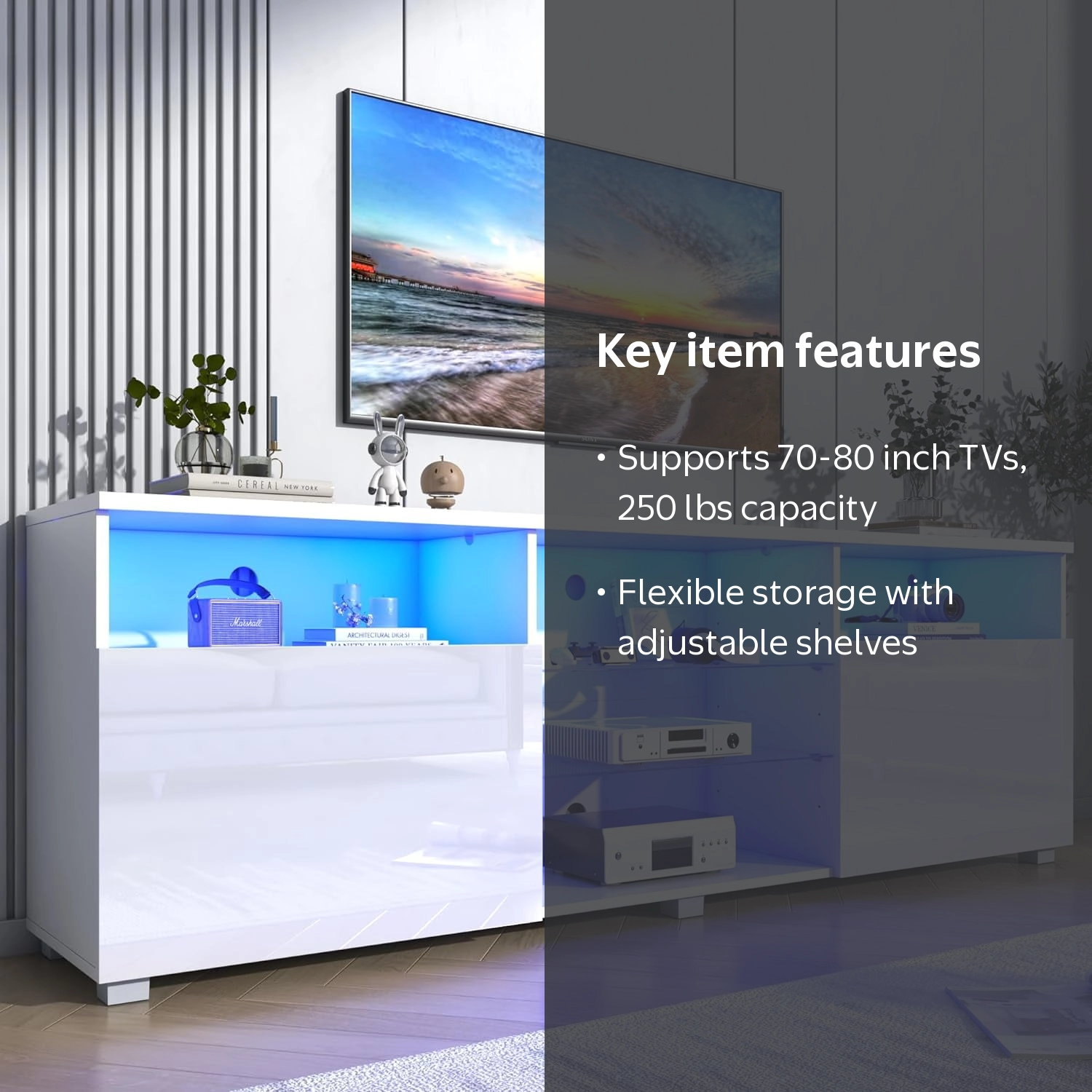 ChVans High Glass LED TV Stand & Center for 70/75/80 Inch, with