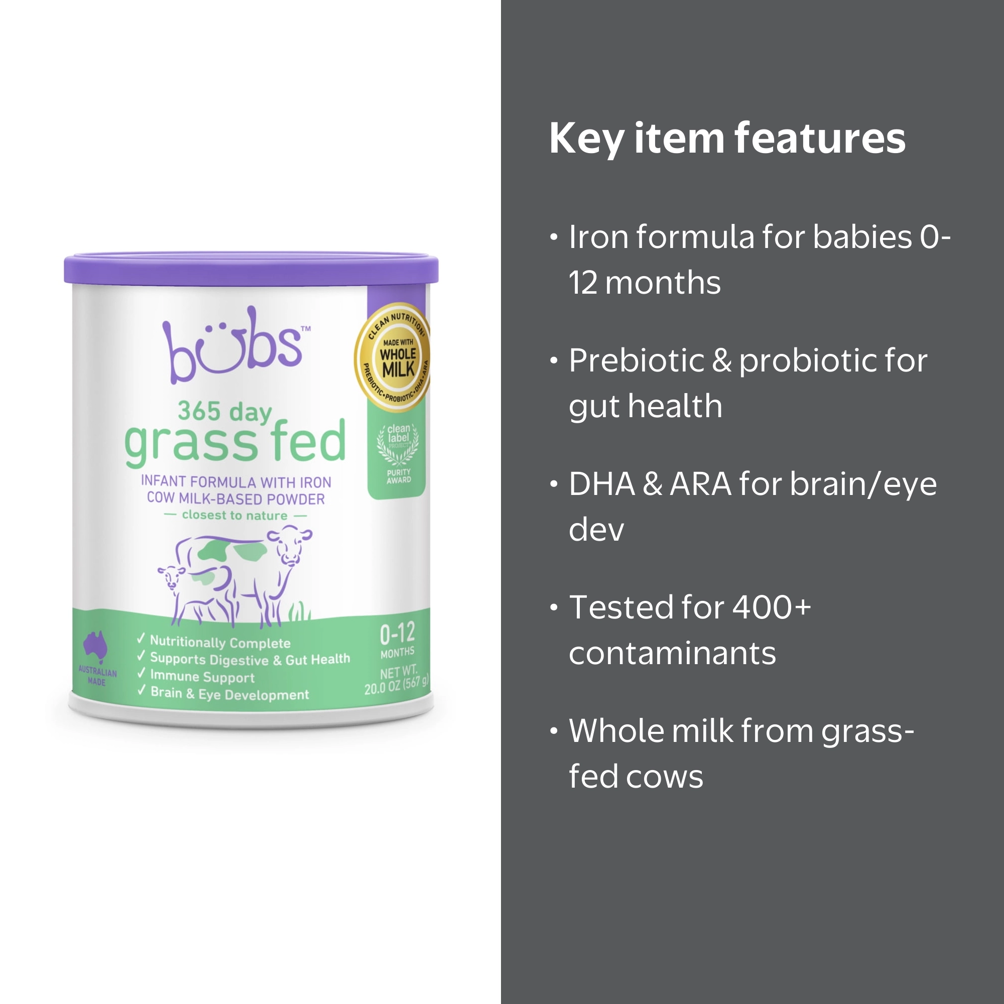 Bubs Grass Fed Infant Formula with Iron for 0-12 Months, 20 oz