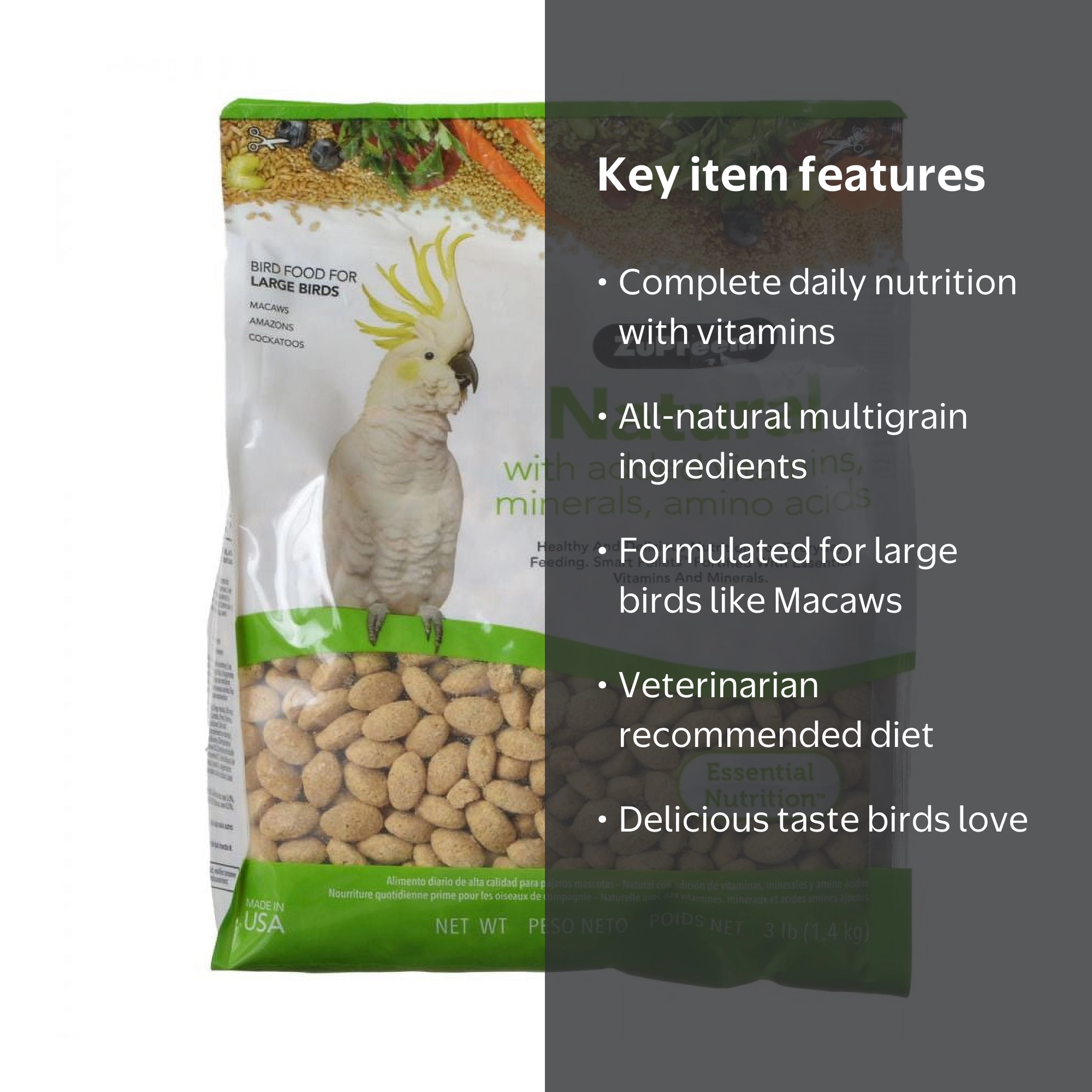 ZuPreem Natural Blend Bird Food - Large Parrot Pellets, 3lbs
