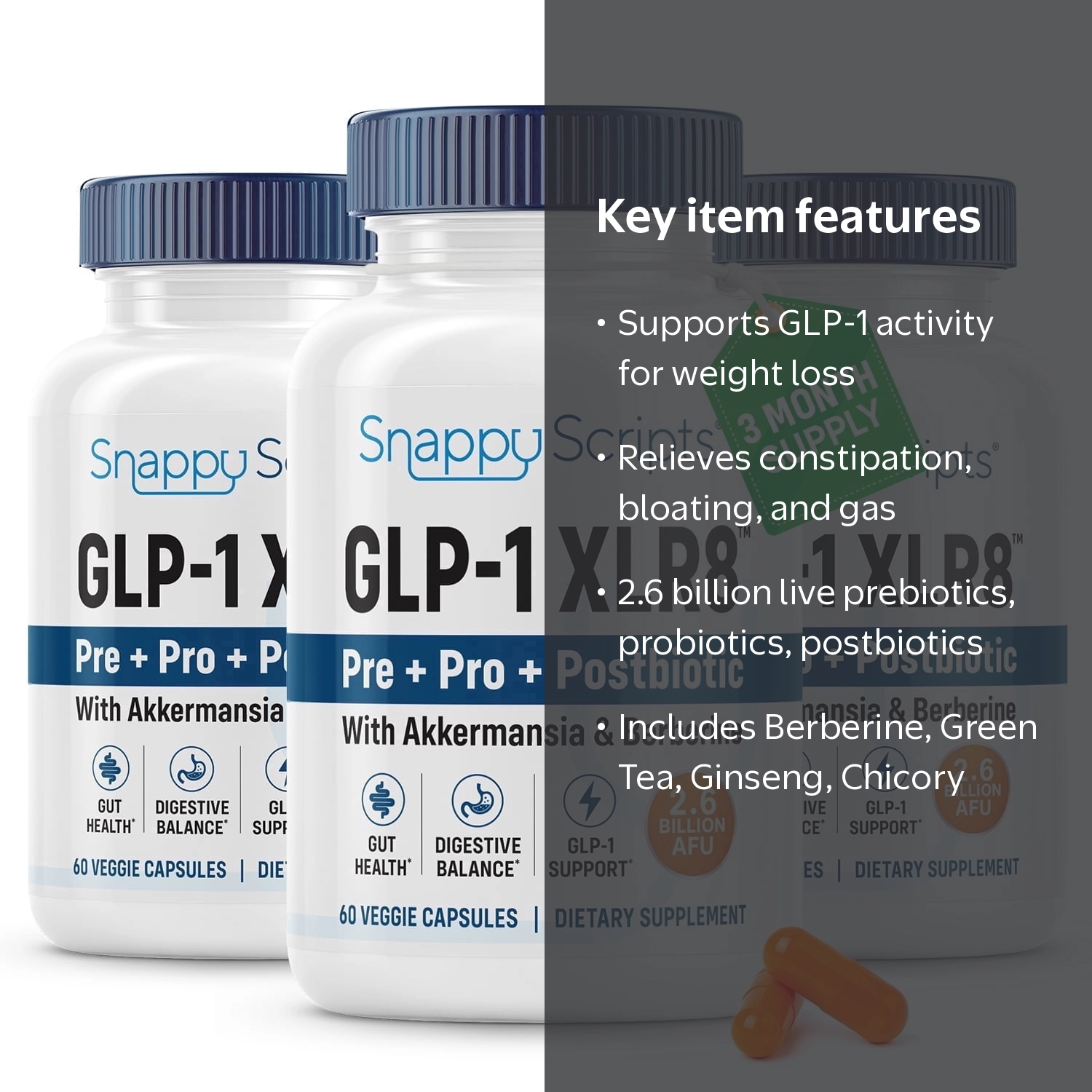 GLP-1 XLR8 Supplement for Digestion, Constipation, Bloating Relief with Akkermansia 2.6 Billion AFU Live Prebiotic Probiotic Postbiotic Gut Health + Berberine for Women Men 180 Capsules
