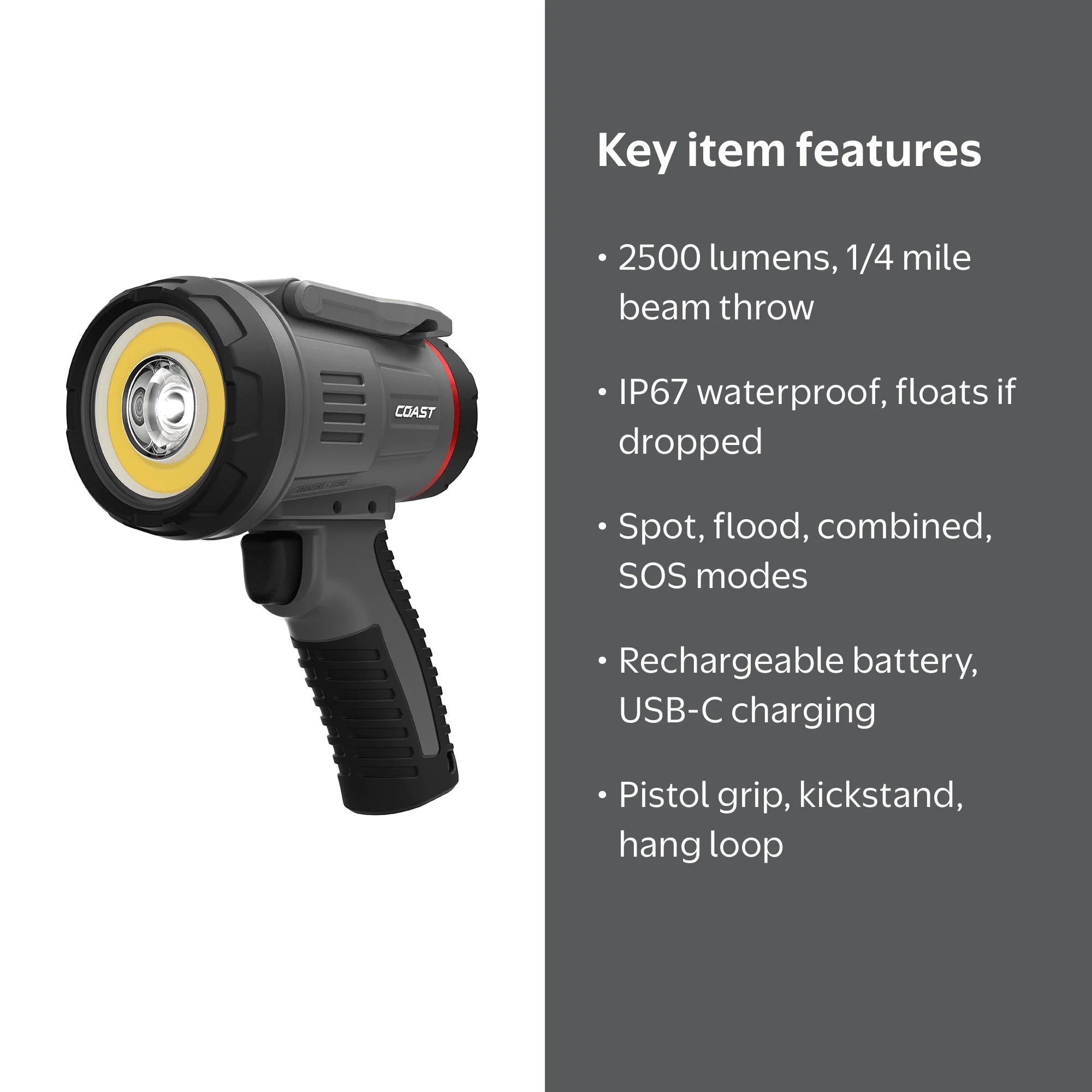 Coast LS20R 2500 Lumen Rechargeable LED Spotlight, 1/4 Mile Beam