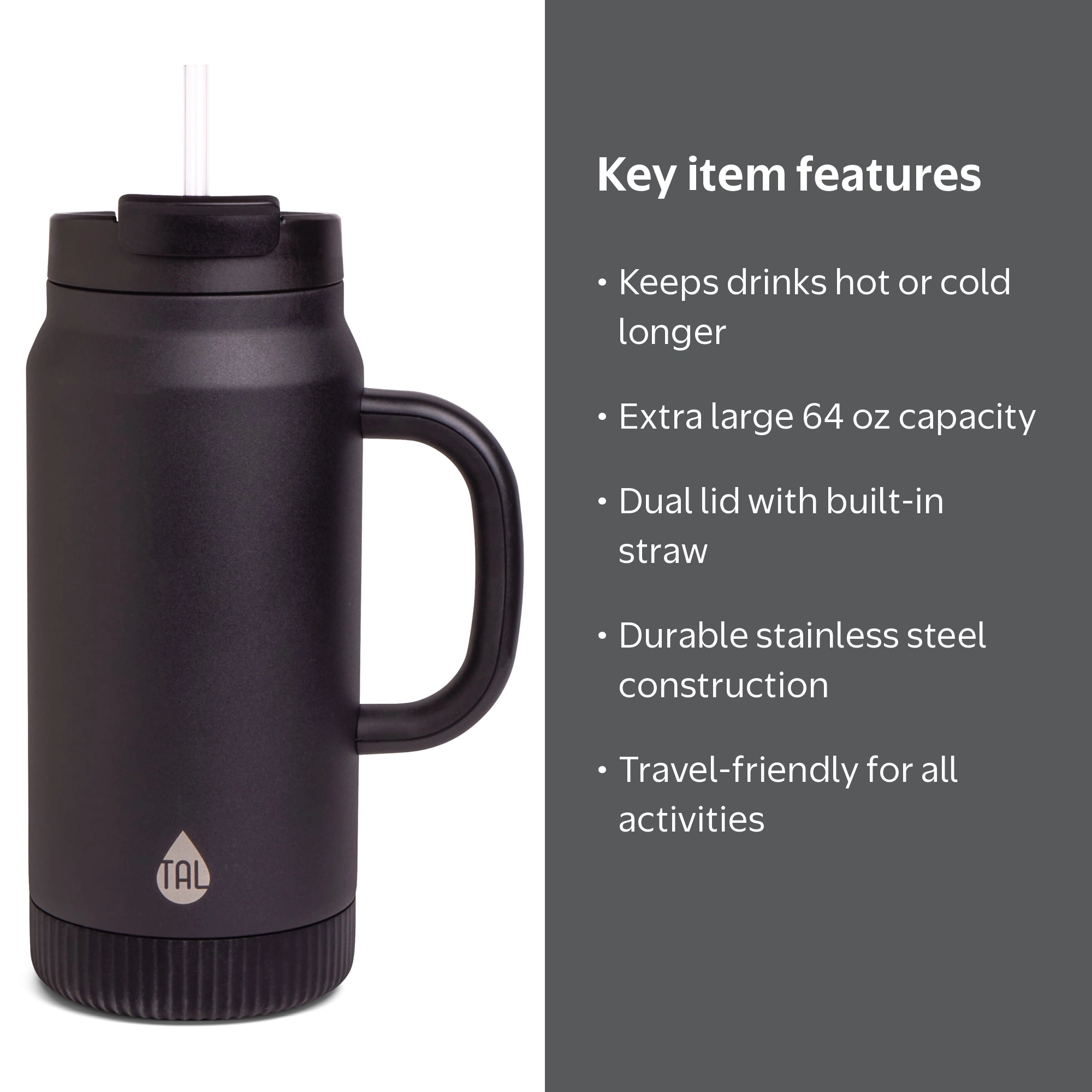 TAL 64oz Stainless Steel Hudson Tumbler with Straw, Black