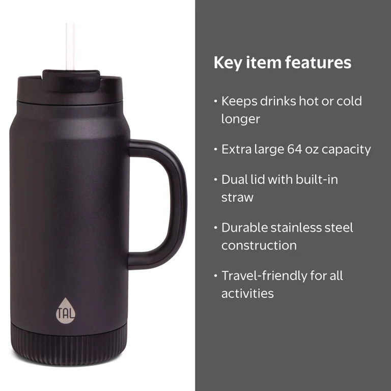 TAL 64oz Stainless Steel Hudson Tumbler with Straw, Black