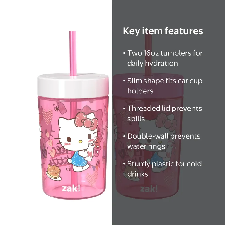 Zak Designs Hello Kitty 2-Pack 16oz Reusable Tumblers with Lid and