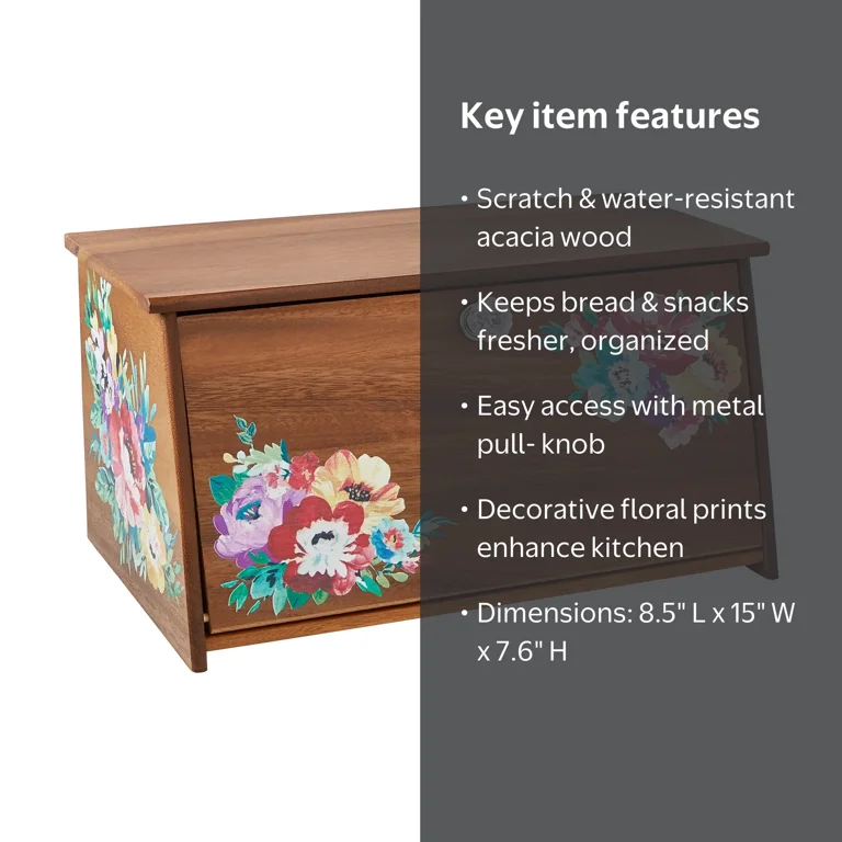 The Pioneer Woman Sweet Romance Acacia Wood Bread Box, Brown, 1