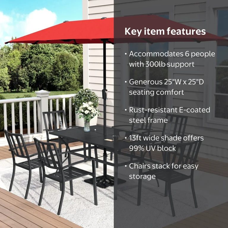 affordable patio sets with umbrella PHI VILLA 7pc Dining Set Umbrella, Swivel Wicker Chairs 16.5 [floor to seat top] Floor to armrest Umbrella Hole Patio Dining Sets