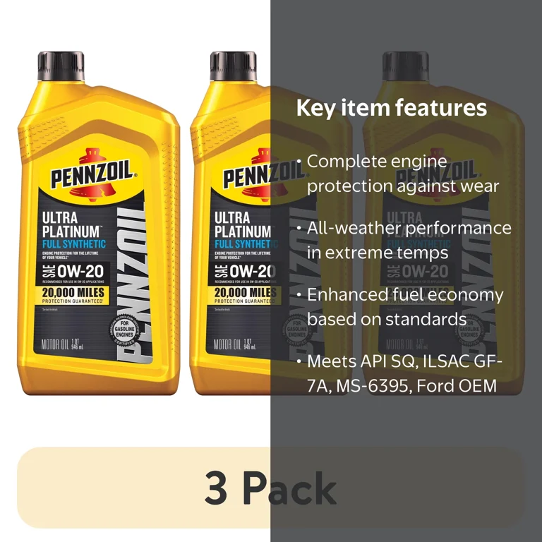 3 pack) Pennzoil Ultra Platinum Full Synthetic 0W-20 Motor Oil, 1