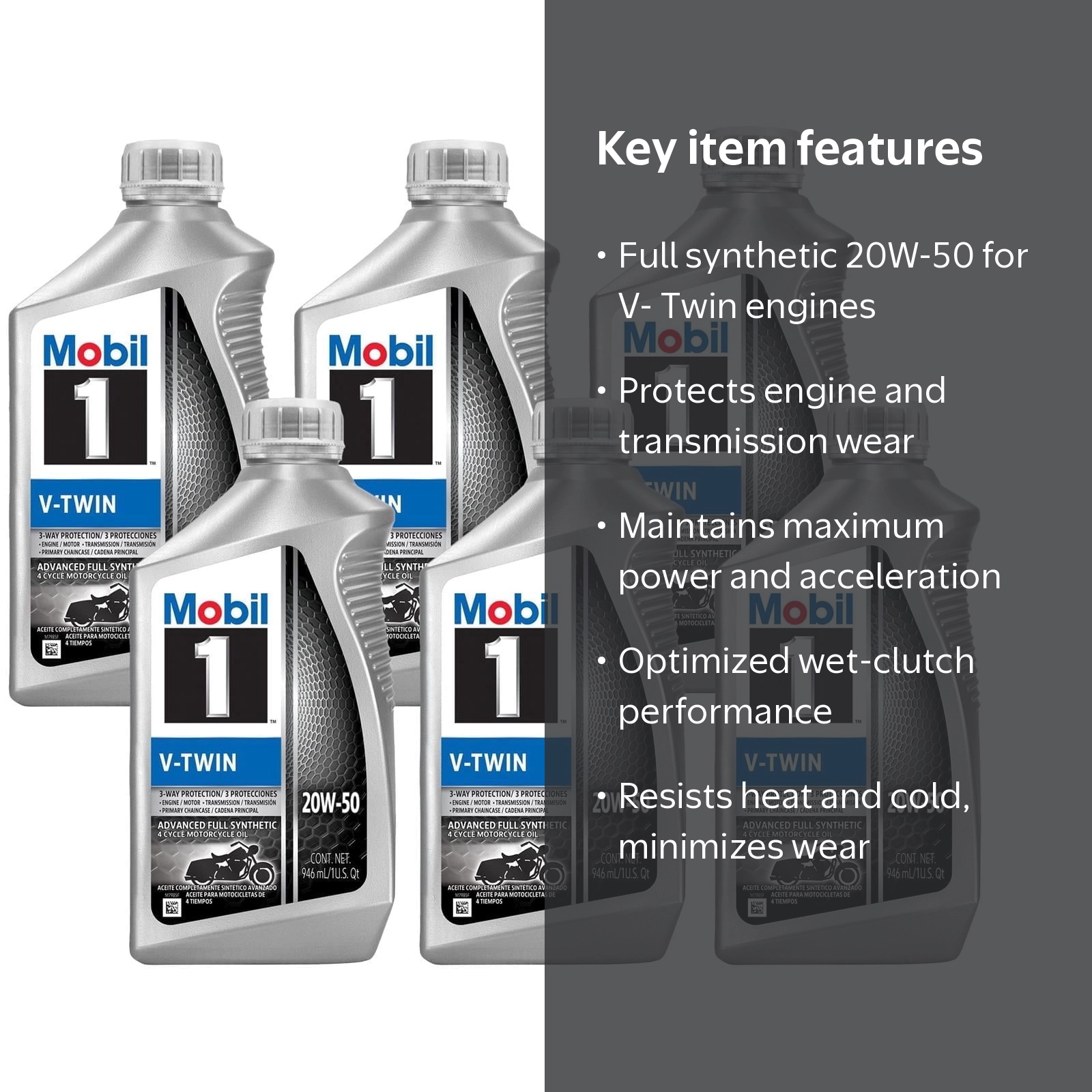 Mobil 1, V-Twin Full Synthetic Motorcycle Oil, 20W-50, 6 Quart