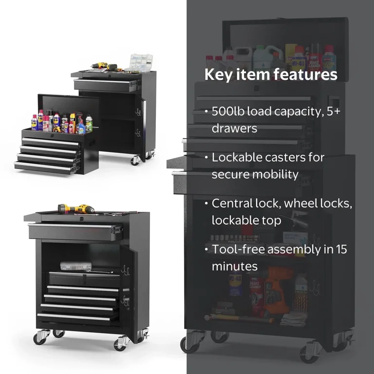 Tool Chest, 5-Drawer Rolling Tool Storage Cabinet with Detachable
