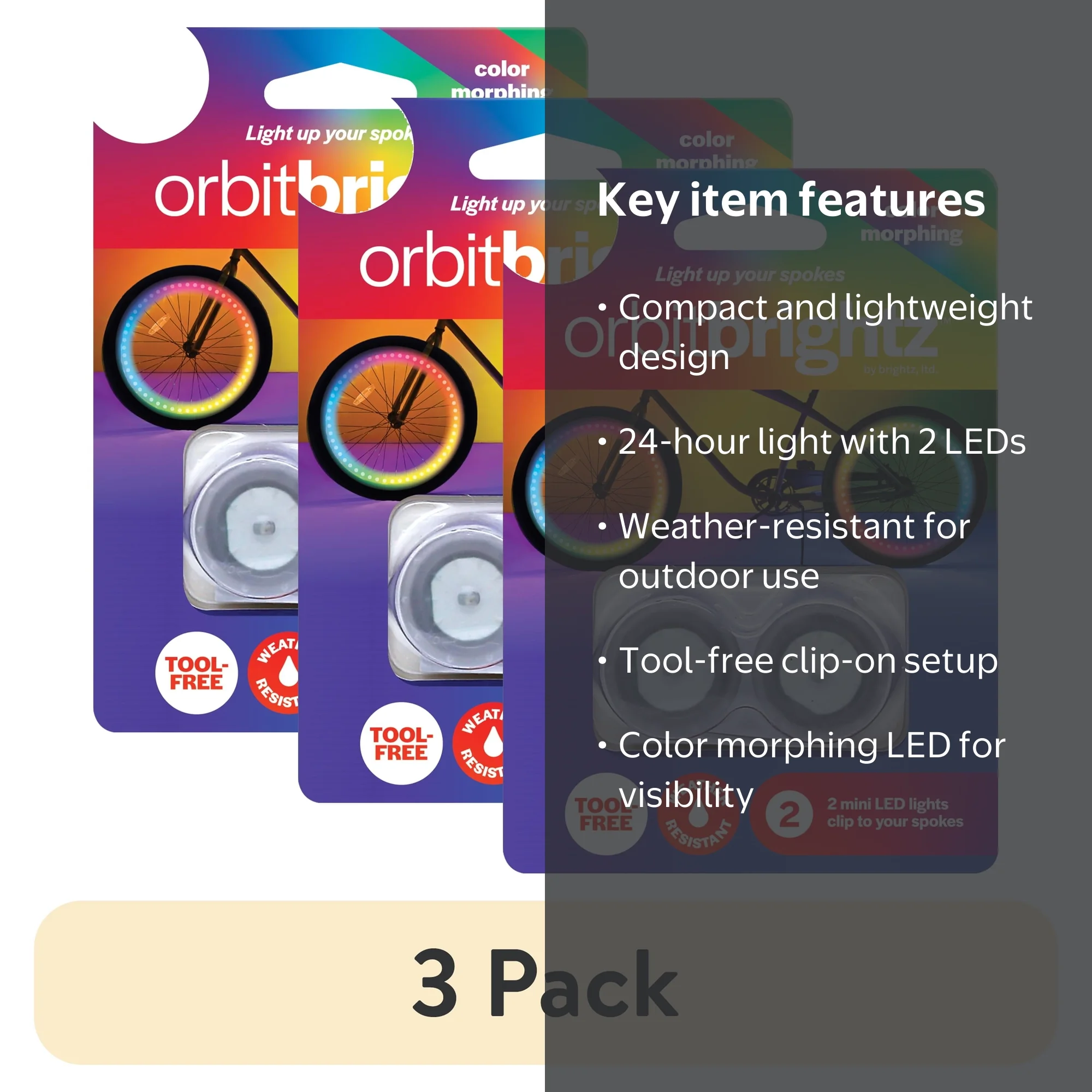 3 pack) Brightz Orbit Color Morphing LED Bicycle Spoke Clip Lights