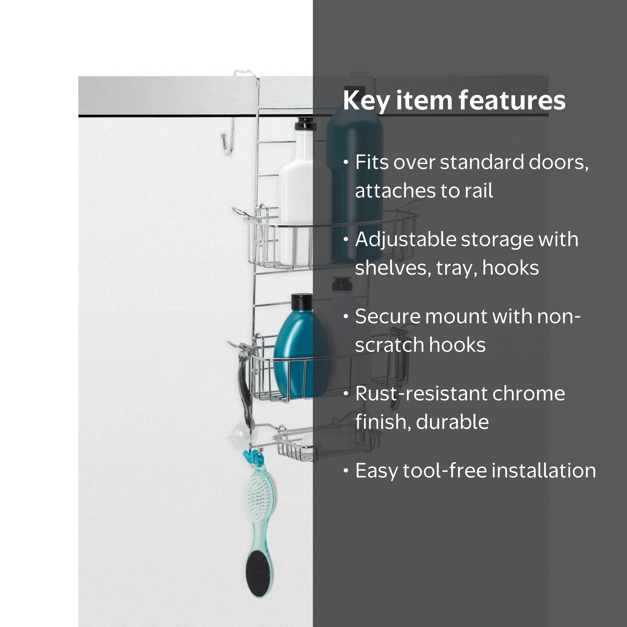 Zenna Home, Chrome Over-the-Door Shower Caddy, Adjustable Shelves
