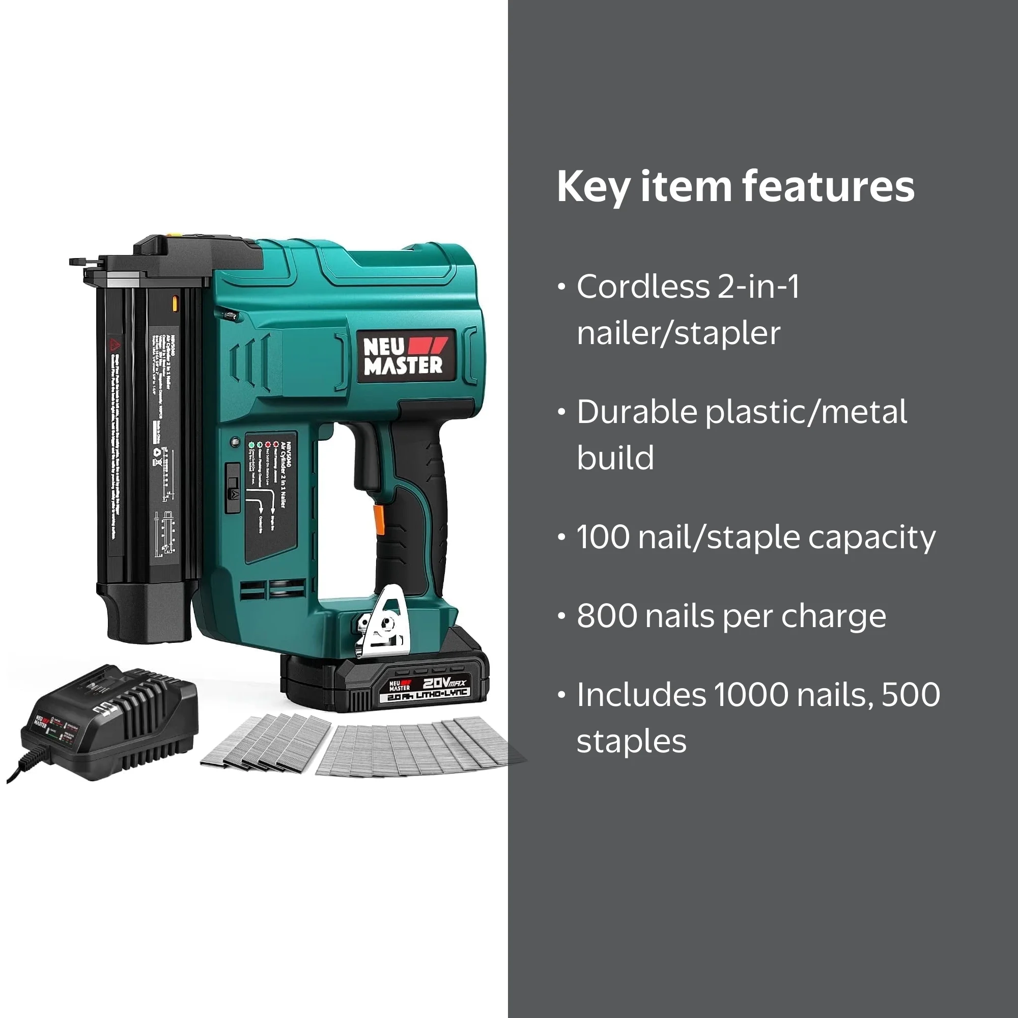 NEU MASTER Cordless Brad Nailer, 18 Gauge 2-in-1 Nail Gun and