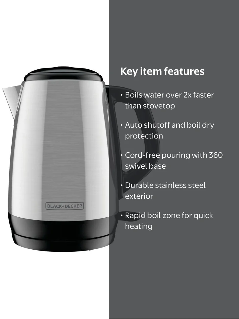 BLACK+DECKER, Electric Cordless Kettle, 1.7 Liter, Stainless Steel