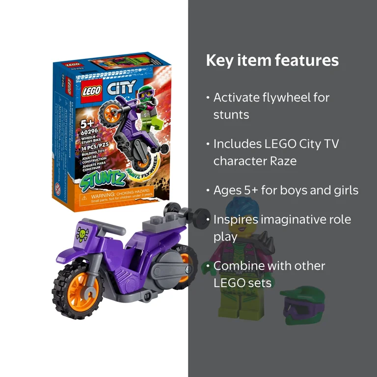 LEGO, City Stuntz Wheelie Stunt Bike 60296, for Kids Aged 5+